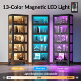 Lucky Monet 5 Tier Curio Display Cabinet with 13-Color LED Lights & Flip-Up Glass Doors, 3-Side Glass Lighted Display Case for Collectibles, Figures, Books, 67" Metal Storage Cabinet, Black Lucky Monet