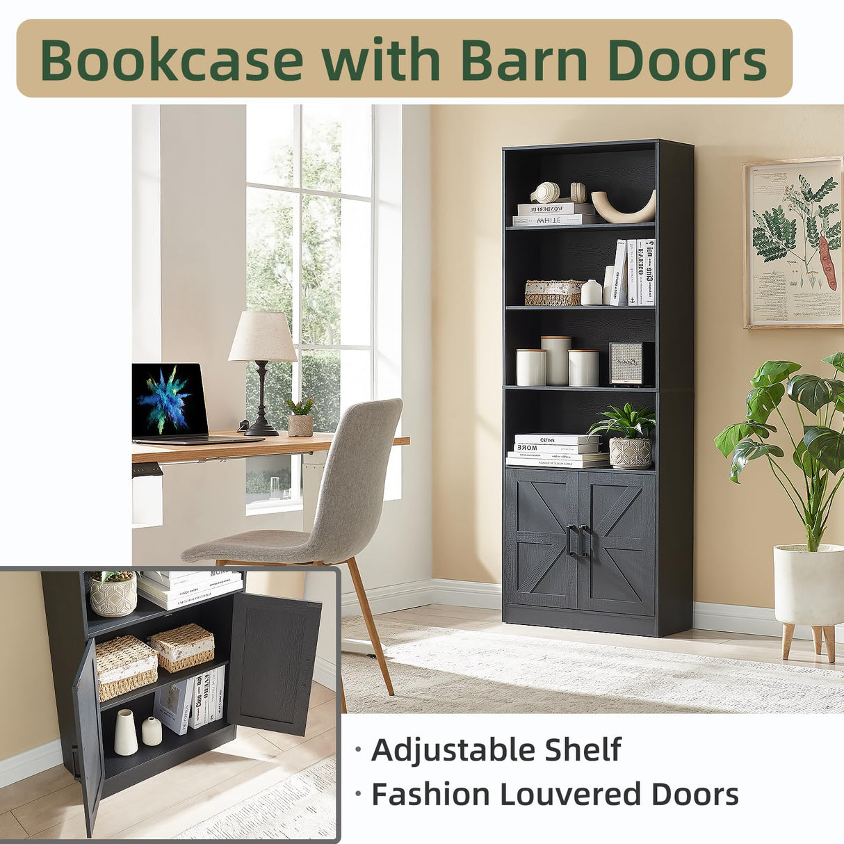 RWYHG 70in Tall Bookshelf 6 Tier Bookcase with Barn Doors and Adjustable Shelf, Black Farmhouse Book Shelves with Storage Cabinet,Wood Floor Standing Display Bookshelve for Bedroom,Living Room,Kitchen RWYHG