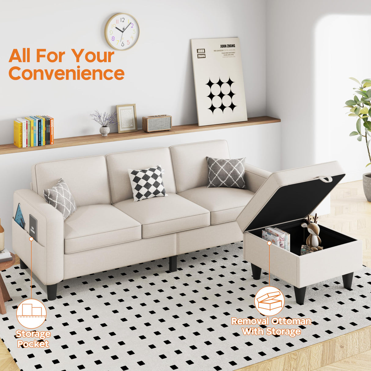 ZeeFu Convertible Sectional Sofa Couch: Beige 3 Seat L-Shaped Sectional Sofa Couches with Storage Ottoman - Modern Linen Fabric Small Sofa Couch Set for Living Room Office Small Space Apartment ZeeFu