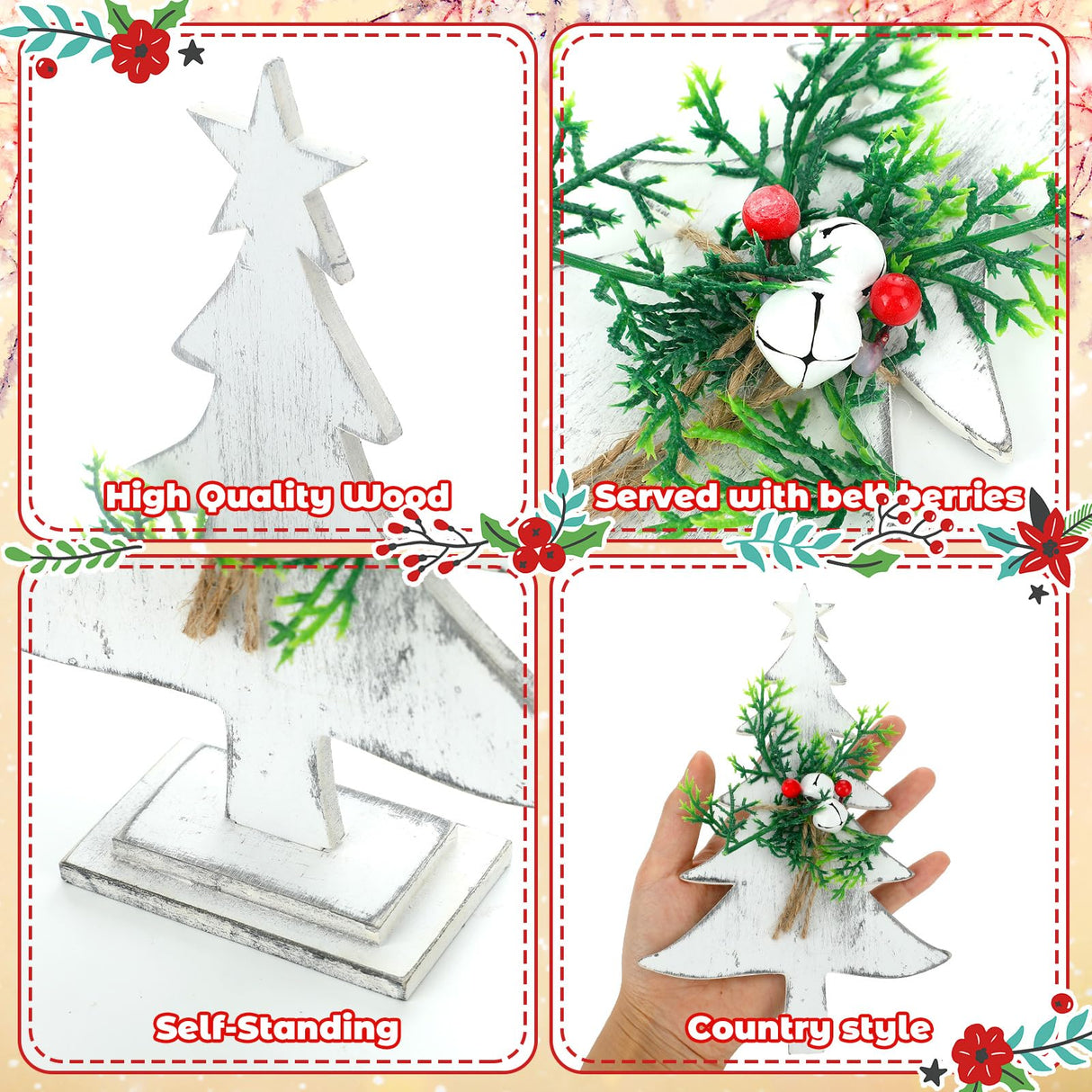 3 Pcs Wooden Christmas Tree Tabletop Decoration Farmhouse Wood Christmas Trees Christmas Centerpieces Rustic Sanding Freestanding Table with Star Berry Bells Pine Xmas Centerpiece for Home Kitchen Soaoo