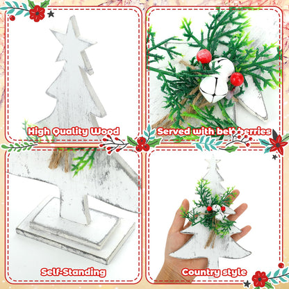 3 Pcs Wooden Christmas Tree Tabletop Decoration Farmhouse Wood Christmas Trees Christmas Centerpieces Rustic Sanding Freestanding Table with Star Berry Bells Pine Xmas Centerpiece for Home Kitchen