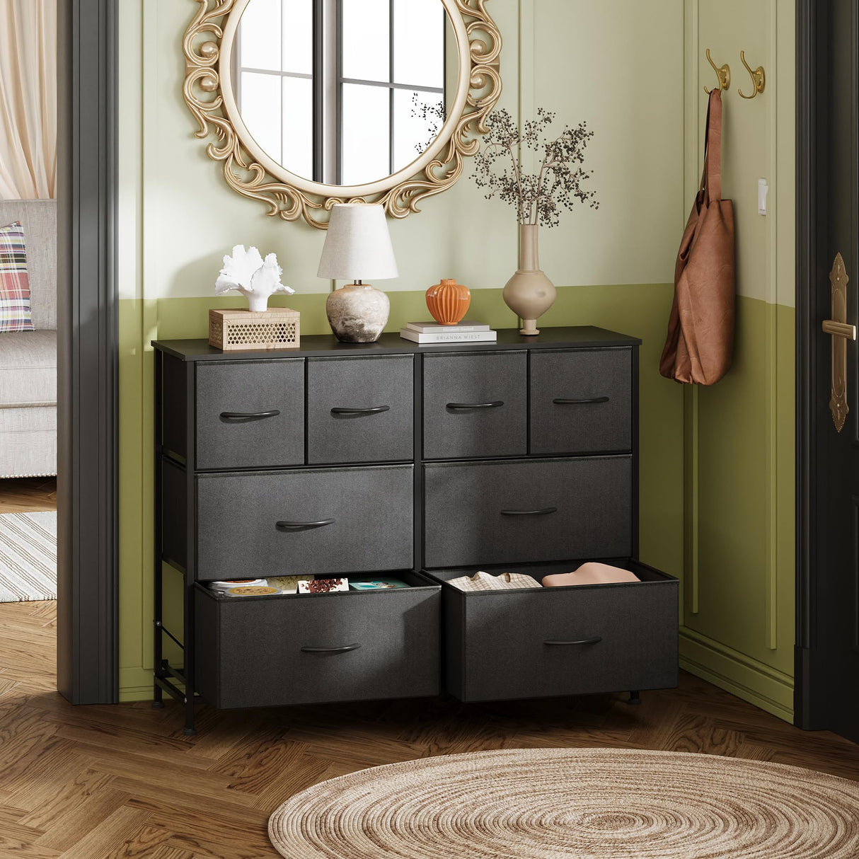 WLIVE Dresser for Bedroom with 8 Drawers, Wide Fabric Dresser for Storage and Organization, Bedroom Dresser, Chest of Drawers for Living Room, Closet, Hallway, Black WLIVE