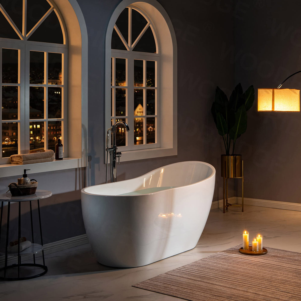 WOODBRIDGE 59" Acrylic Freestanding Bathtub Contemporary Soaking White Tub with Brushed Nickel Overflow and Drain，B1530-B/N-Drain&O WOODBRIDGE