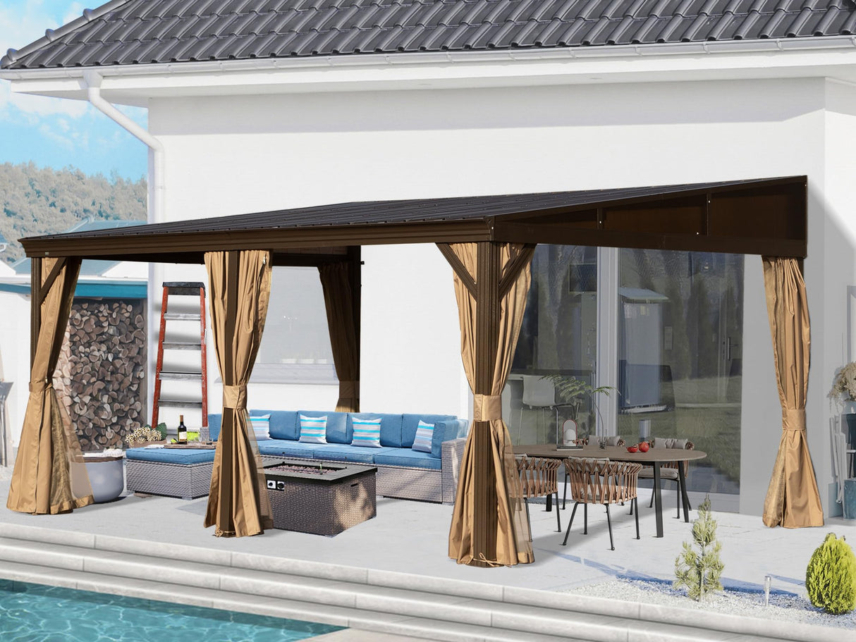 Domi 12x16FT Lean to Gazebo, Hardtop Wall Mounted Gazebo with Sloping Galvanized Steel Roof, Aluminum Frame, Drainage System, Curtains and Netting, for Patio, Deck, Garden, Backyard domi outdoor living