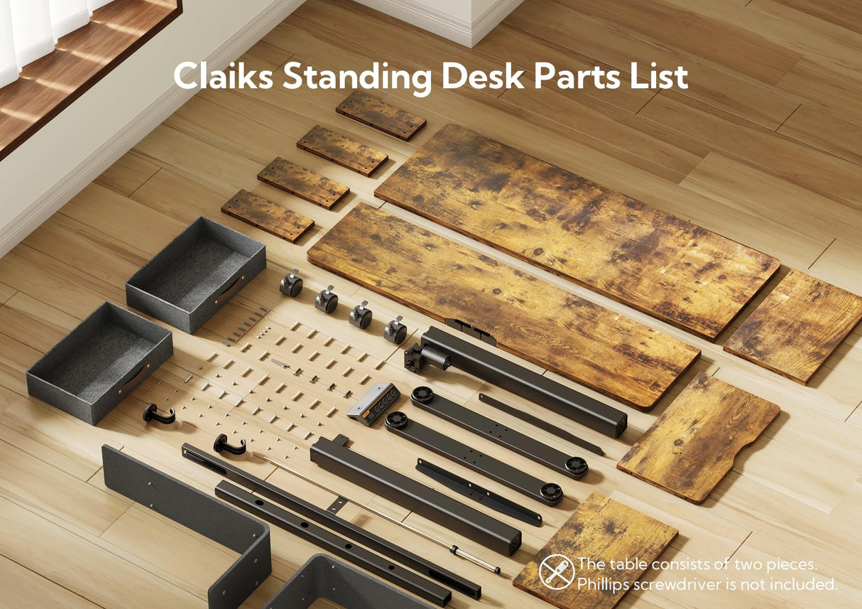 Claiks Standing Desk with Drawers, Adjustable Stand Up Electric Standing Desk Adjustable Height, Sit Stand Desk with Storage Shelf and Splice Board, 63 Inch, Rustic Brown Claiks