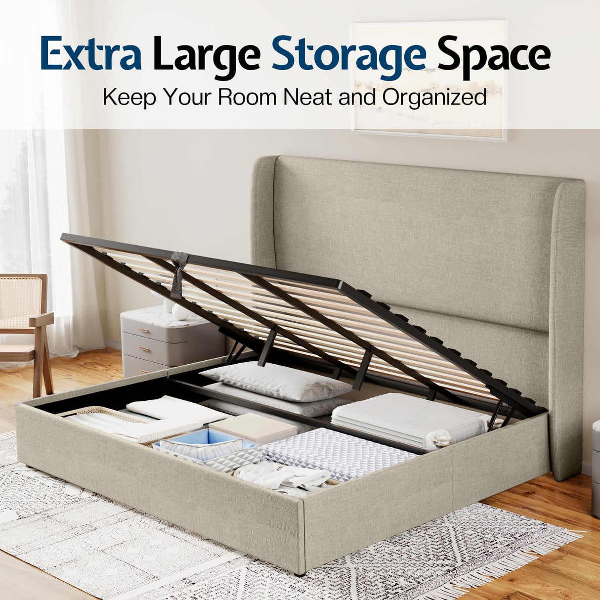 Jocisland King Size Bed Frame with Lift Storage Bed Linen Platform Bed with Wingback Headboard/Hydraulic Storage/No Box Spring Needed/Wood Slats Support/Khaki Jocisland