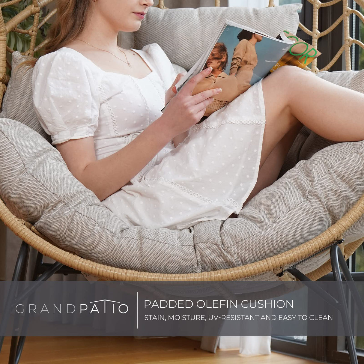 Grand patio Boho Stationary Wicker Egg Chair, Outdoor Wicker Nordic Oversized Egg Chairs with Cushion Backyard Back Porch, Tan Grand patio