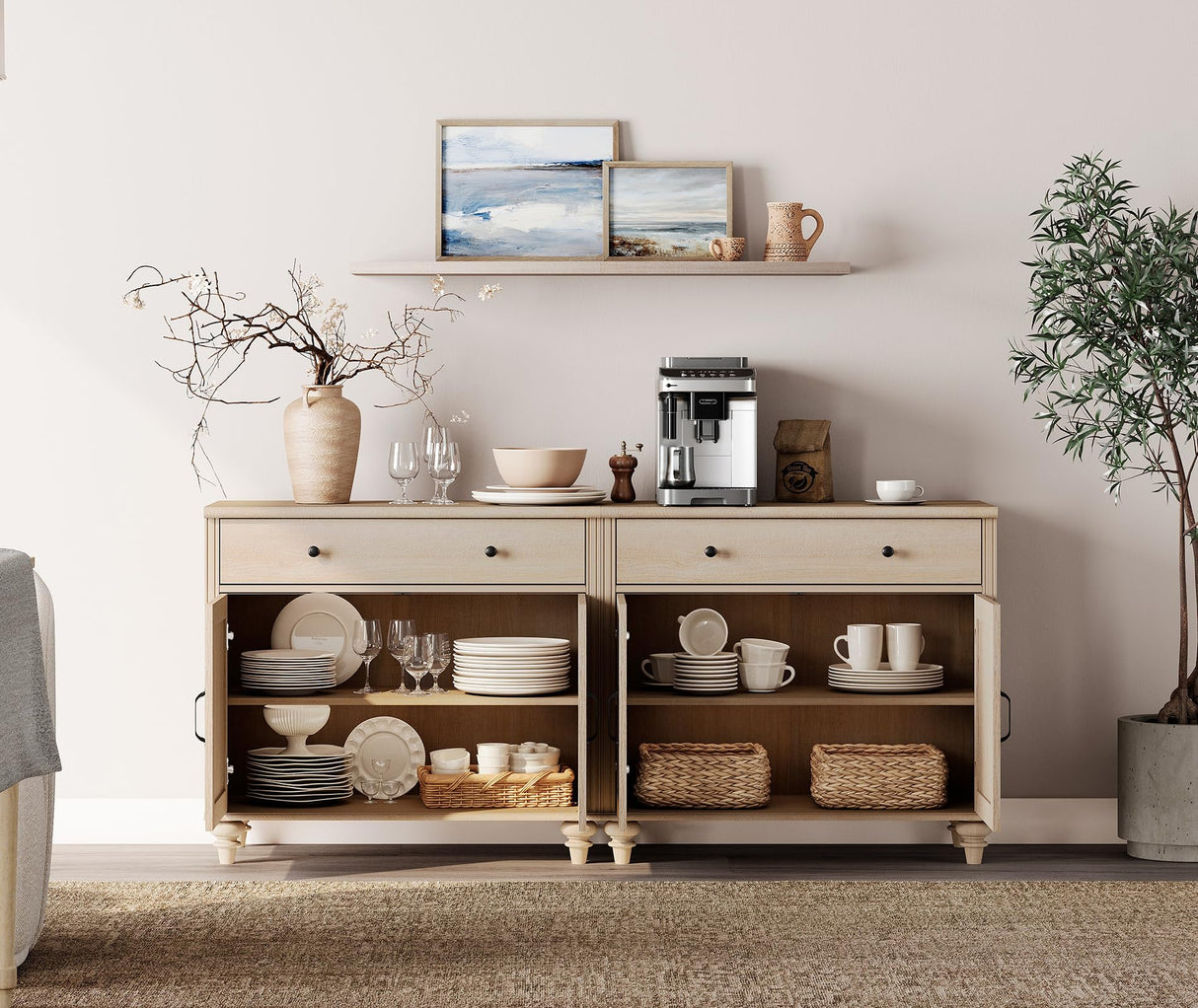 WAMPAT Buffet Cabinet with 4 Doors and 2 Drawers, Large Coffee Bar Table Wood Kitchen Storage Cabinets with Storage Cabinets, Modern Farmhouse Sideboard Credenza for Dining Room, Beige, 68 inch WAMPAT