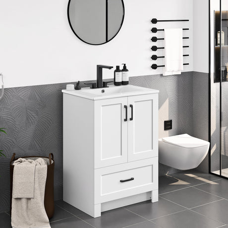 Yaheetech 24.5" Modern Bathroom Vanity with Ceramic Basin, Undermount Bathroom Vanity Sink Cabinet with 2 Doors and 1 Drawer, Free Standing Bathroom Storage Cabinet with Sink Combo Set, White Yaheetech