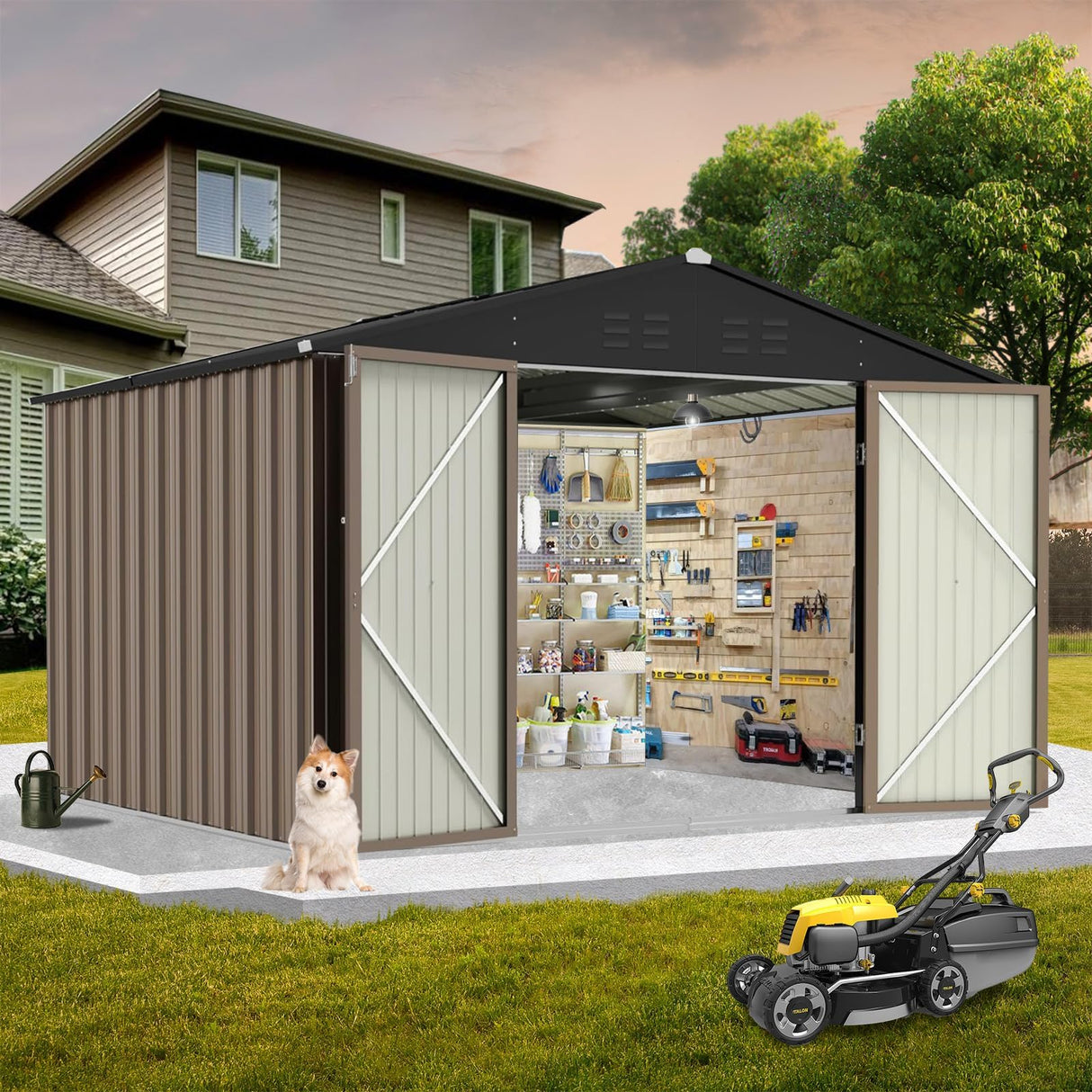 Outdoor Large Metal Shed, 8x8 FT Galvanized Steel Utility Storage Shed with Lockable Door & Vents, Waterproof All-Weather for Lawn Mower, Bike Mochalight