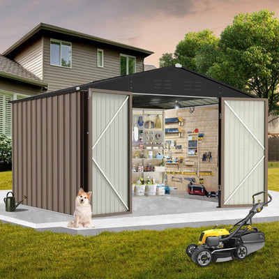 Outdoor Large Metal Shed, 8x8 FT Galvanized Steel Utility Storage Shed with Lockable Door & Vents, Waterproof All-Weather for Lawn Mower, Bike