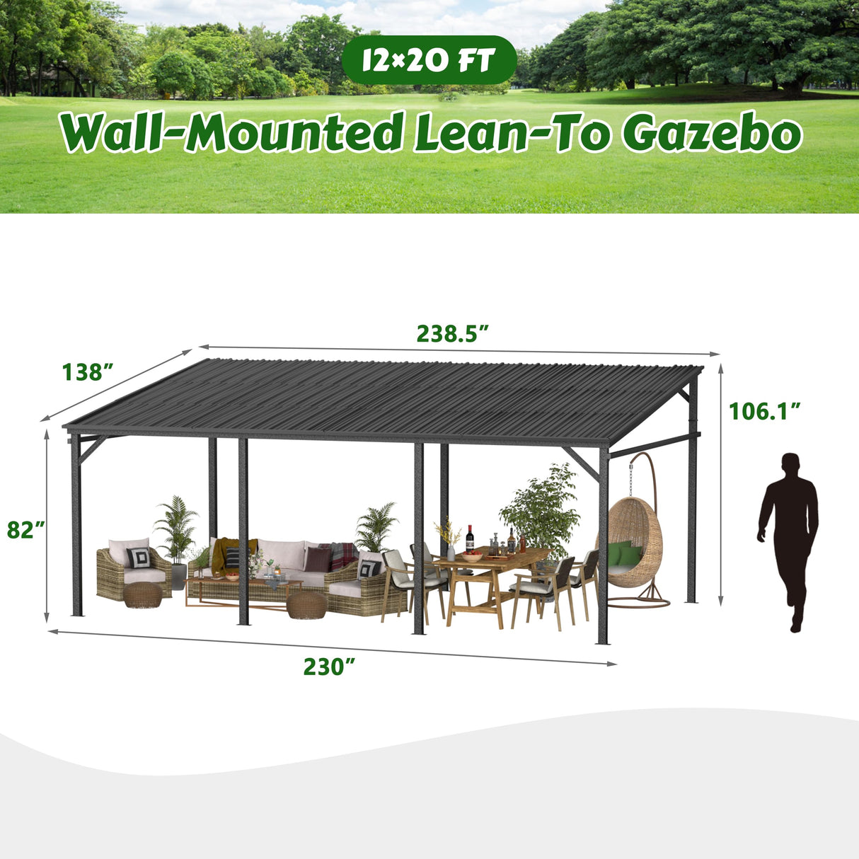 MUPATER 12'x 20' Outdoor Pergola on Clearance with Metal Frame, Lean to Pergola Gazebo, Wall-Mounted Heavy Duty Awnings for Patio, Deck, Porch and Backyard MUPATER