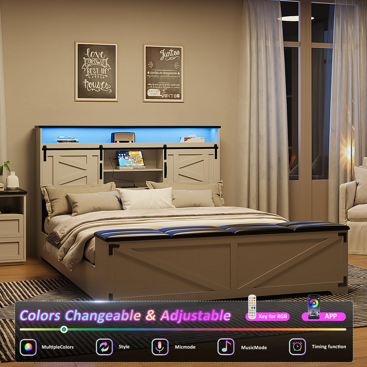 Fameill Farmhouse Queen Size Bed Frame with Headboard and Storage Ottoman, Sliding Barn Door & 4 Drawers, LED Lights and Charging Station, No Box Spring Needed, Antique White Fameill