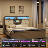 Fameill Farmhouse Queen Size Bed Frame with Headboard and Storage Ottoman, Sliding Barn Door & 4 Drawers, LED Lights and Charging Station, No Box Spring Needed, Antique White Fameill