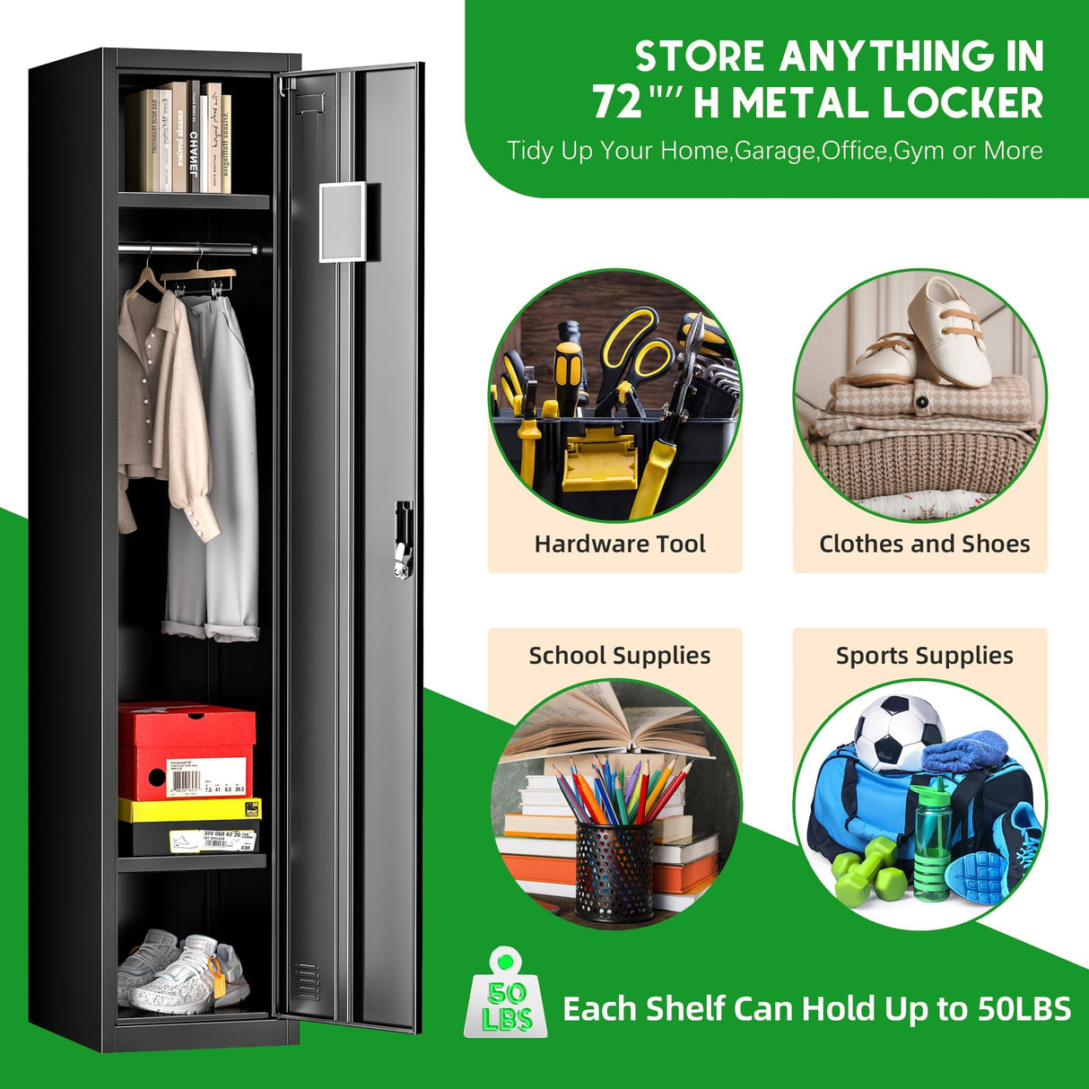 INTERGREAT Metal Locker for Employees with 4 Doors,72" Black Steel Locker Storage Cabinet with 4 Tiers,Tall School Lockers for Home Office,Gym INTERGREAT