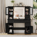 Maupvit Farmhouse Vanity Desk with Mirror and Lights, Makeup Vanity Table with Charging Station, 45" Bedroom Table with 4 Drawers and Cabinets, 3 Lighting Modes, Black Maupvit