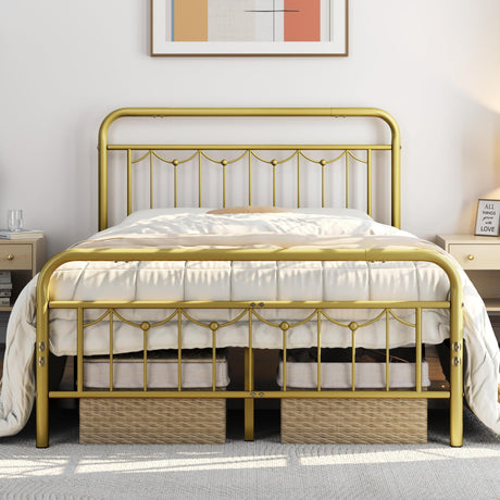 Yaheetech Full Size Metal Bed Frames with Vintage Headboard and Footboard, Farmhouse Metal Platform Bed, Heavy Duty Steel Slat Support, Ample Under-Bed Storage, No Box Spring Needed, Antique Gold Yaheetech