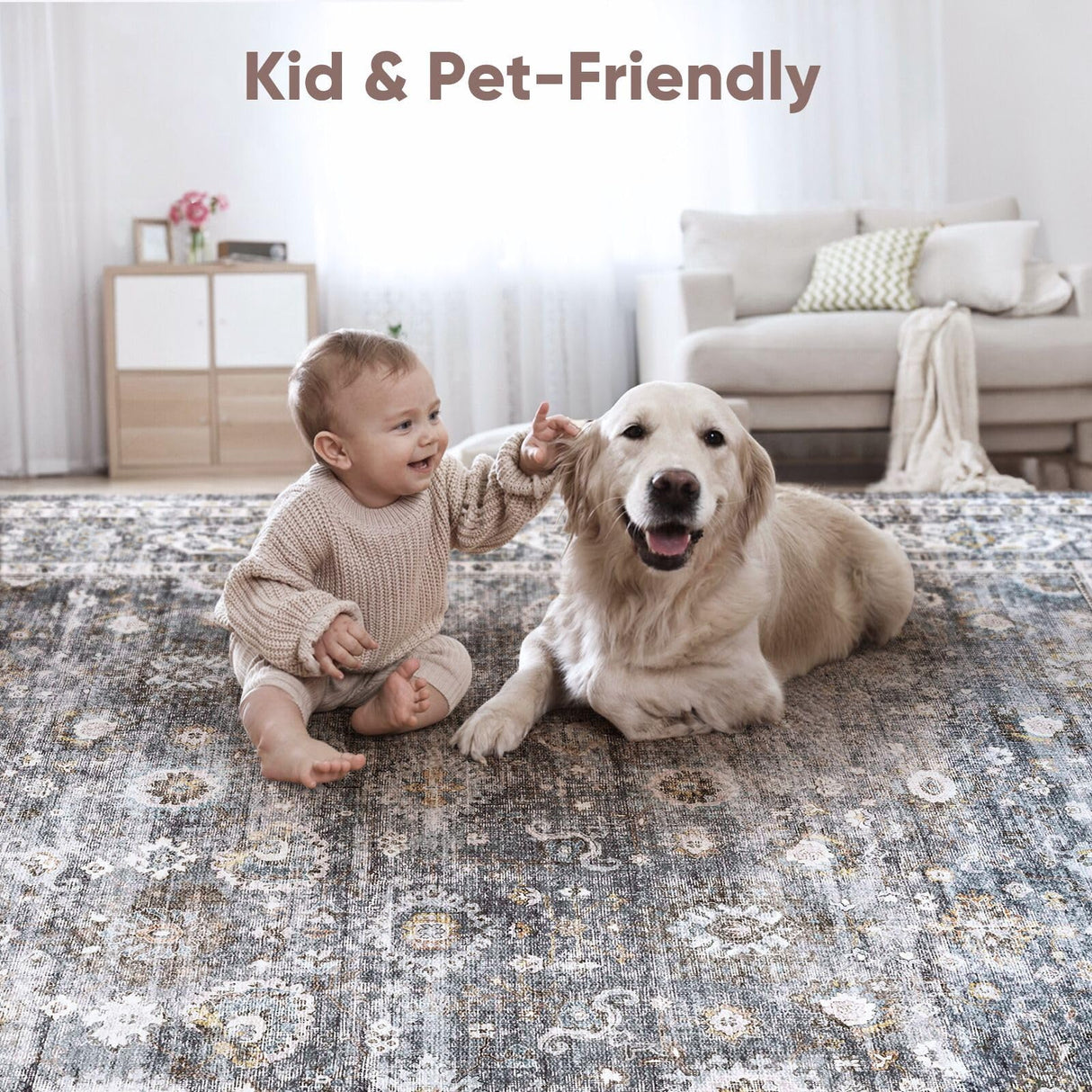 Rugcomf 8x10 Rug Washable Boho Soft Large Area Rug Non-Slip Faux Wool Vintage Rug for Living Room, Farmhouse, Dining Room, Indoor, Kids Playroom (Grey) Rugcomf