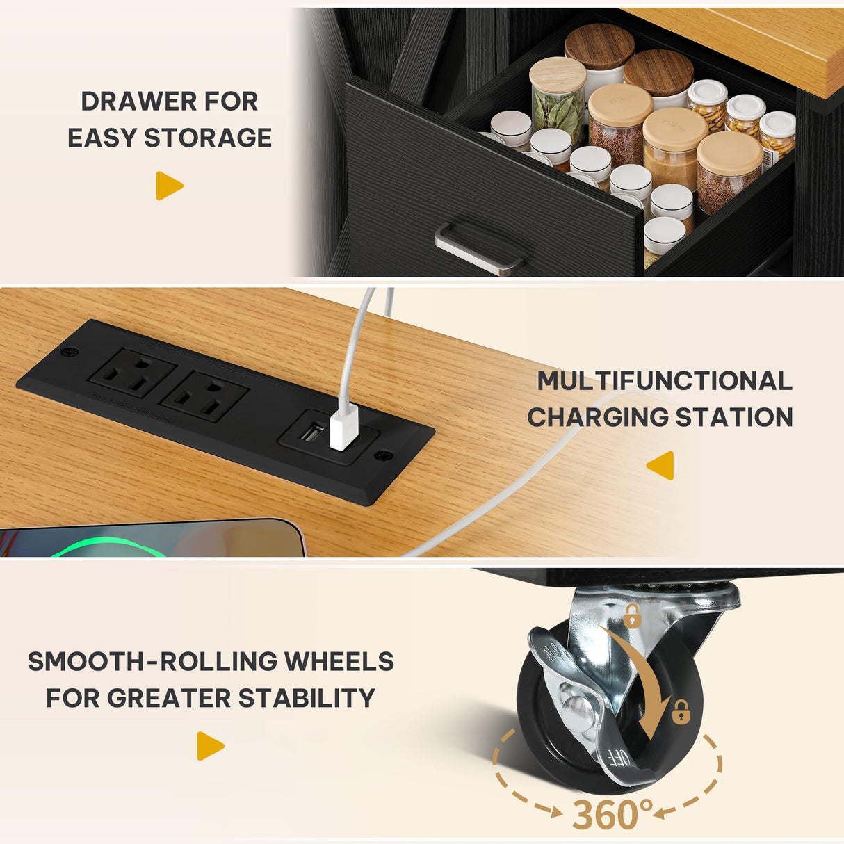 DWVO 53 inch Bakers Rack with Power Outlet and Storage, Farmhouse Coffee Bar Cabinet on Wheels, Microwave Stand Kitchen Cabinet with Hutch, LED Lights, Wine Glass Holder and 14 Hooks, Black DWVO