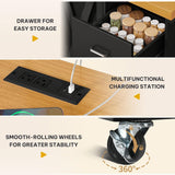 DWVO 53 inch Bakers Rack with Power Outlet and Storage, Farmhouse Coffee Bar Cabinet on Wheels, Microwave Stand Kitchen Cabinet with Hutch, LED Lights, Wine Glass Holder and 14 Hooks, Black DWVO