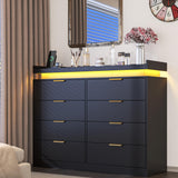 knoworld 8 Drawer Dressers for Bedroom, Black Dresser with LED Lights and Power Outlet, Modern Large Dresser Wooden Long Dresser, Double Wide Dresser for Bedroom, Living Room, Entryway, Hallway knoworld