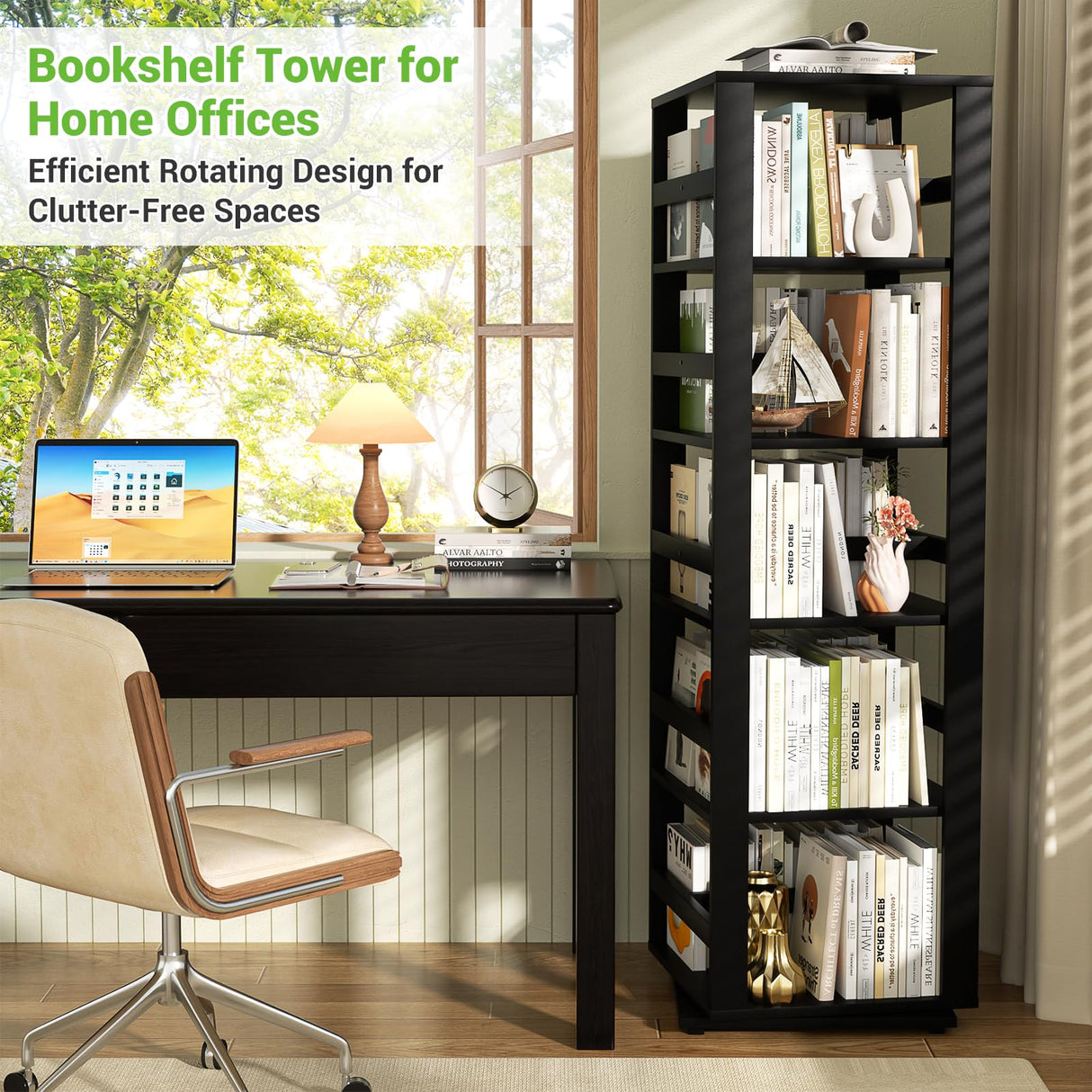 Homykic Rotating Bookshelf, Bamboo 360 Display Spinning Bookshelf Tower, 5-Tier Small Corner Bookcase for Small Spaces, Narrow Revolving Book Shelf Organizer Rack for Home Office, Black Homykic
