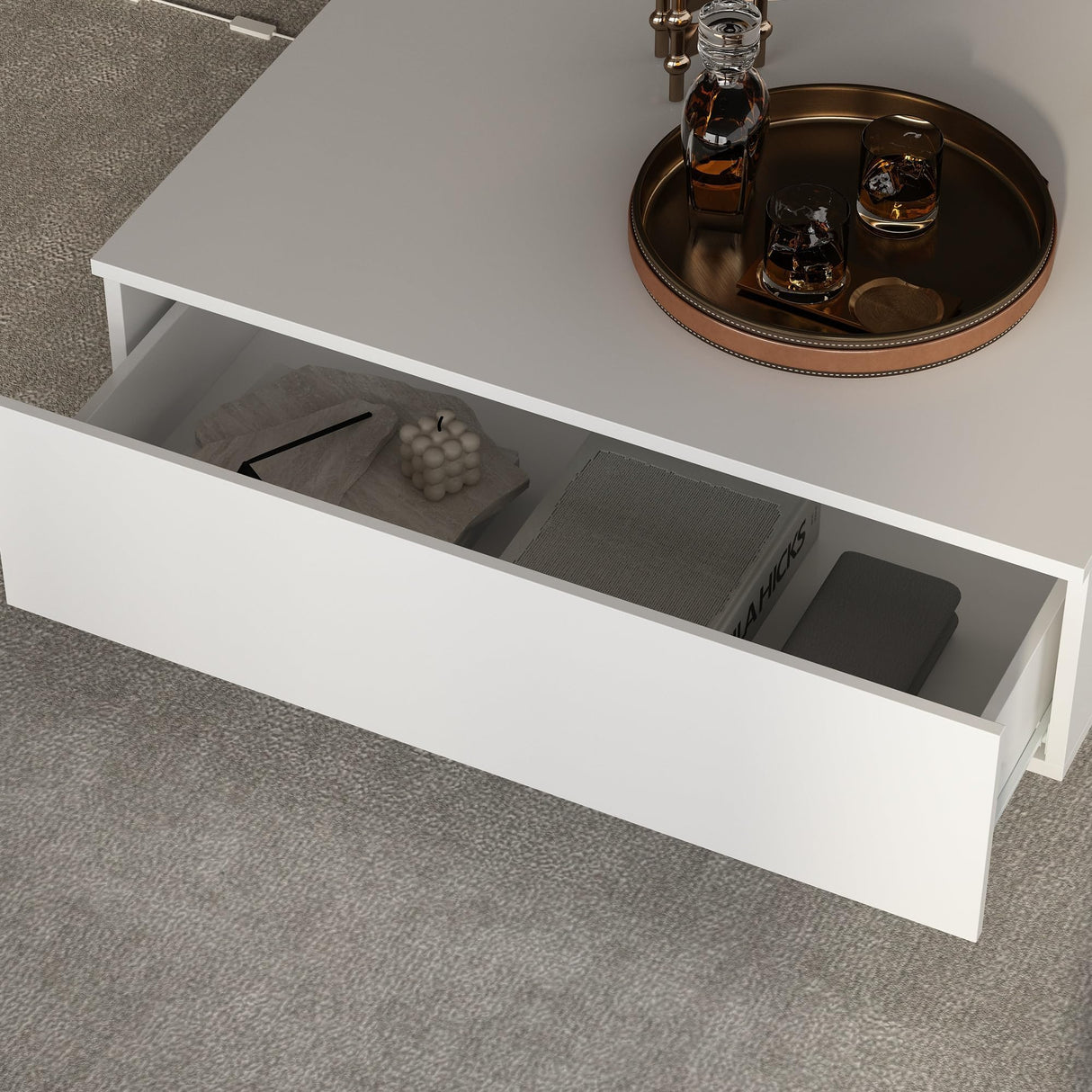 ECACAD Modern LED Coffee Table with 2 Drawers, Tempered Glass Top & Remote Control, Rectangle Coffee Center Table for Living Room & Reception Room, White 31.5”D x 55.1”W x 11.8”H ECACAD