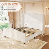 koorlian Queen Bed Frame Chenille Upholstered Platform Bed with Headboard and Footboard, 51" High Deep Tufted Wingback Sleigh Upholstered Bed, Modern Retro Minimalist Style, Easy Assembly, Cream koorlian