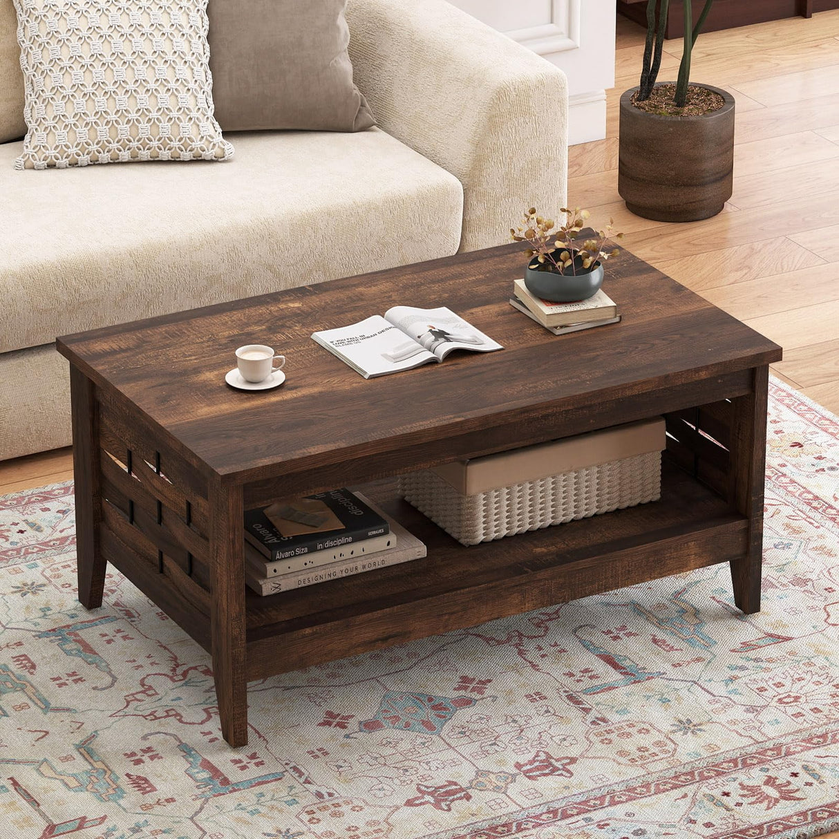 Giantex Farmhouse Coffee Table, 2-Tier Center Table with Storage Open Shelf & Woven Slatted Design, 39.5" Rectangular Accent Cocktail Table, Wood Coffee Tables for Living Room (Rustic Brown) Giantex