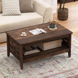 Giantex Farmhouse Coffee Table, 2-Tier Center Table with Storage Open Shelf & Woven Slatted Design, 39.5" Rectangular Accent Cocktail Table, Wood Coffee Tables for Living Room (Rustic Brown) Giantex
