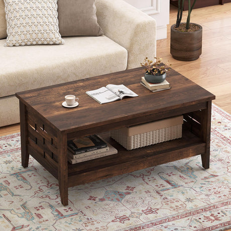 Giantex Farmhouse Coffee Table, 2-Tier Center Table with Storage Open Shelf & Woven Slatted Design, 39.5" Rectangular Accent Cocktail Table, Wood Coffee Tables for Living Room (Rustic Brown) Giantex