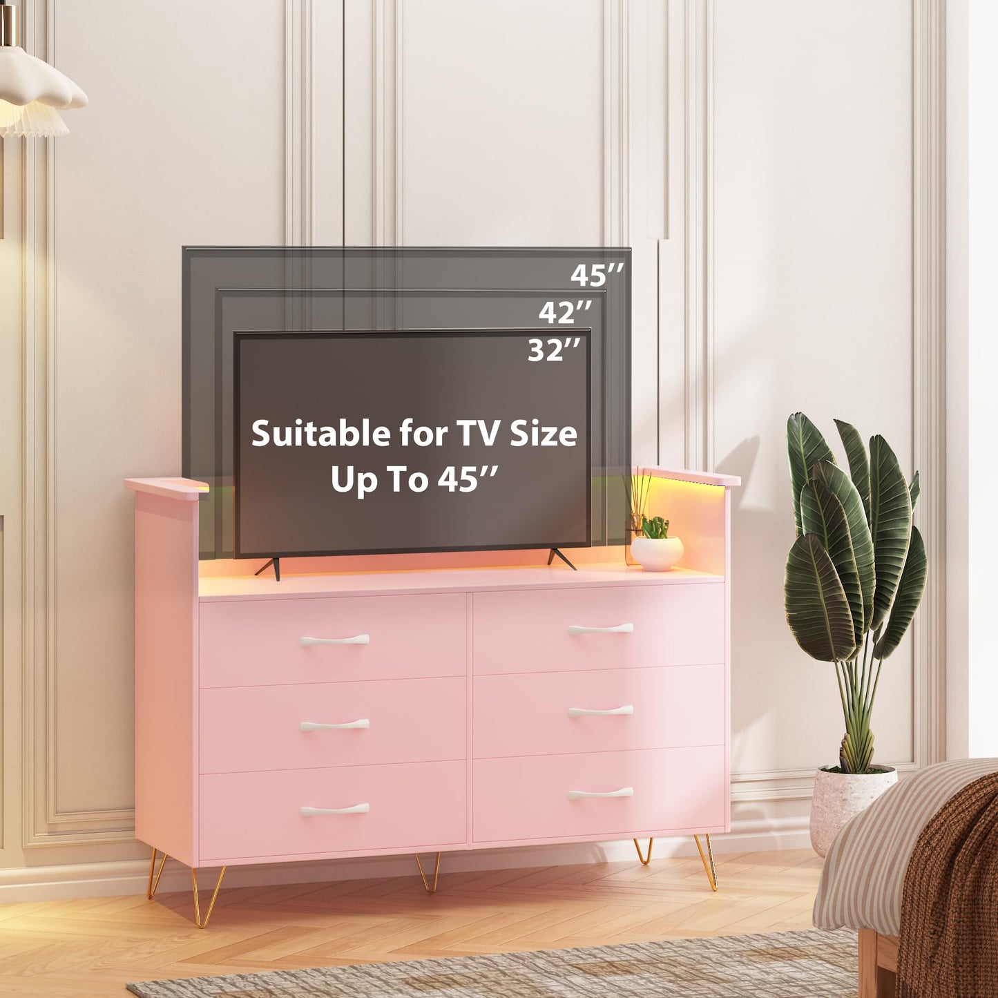 Pink Dresser for Bedroom with Power Outlet & LED Light, 6 Wooden Dressers with Wide Drawers & 2-Tier Open Shelves, Modern Chest of Double Wide Drawers for Living Room, Entryway, Hallway TV Stand