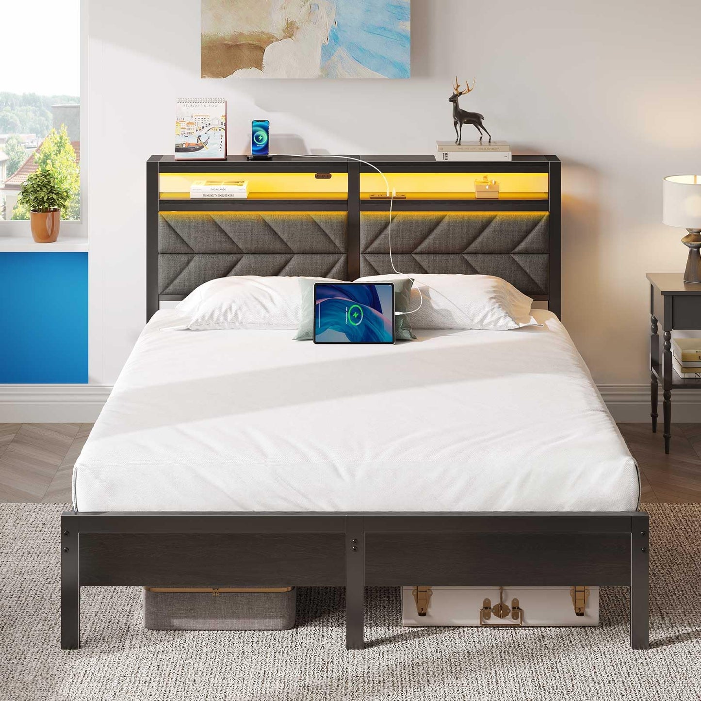 Seventable Queen Size Bed Frame with LED Lighting and Charging Station, Upholstered Storage Headboard, Noise-Free Metal Platform Design - WoodArtSupply