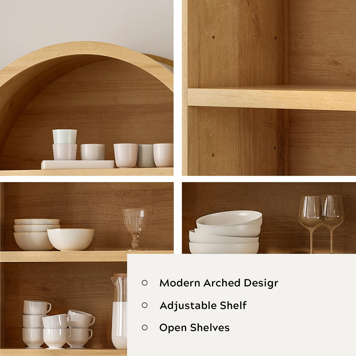 MoomJiee 71" Tall Arched Bookshelf, 5-Tier Farmhouse Large Open Display Cabinet, 71" Modern Wood Bookcase with Adjustable Shelves Organizer Rack Large Kitchen Pantry Storage Cabinet Natural Oak MoomJiee