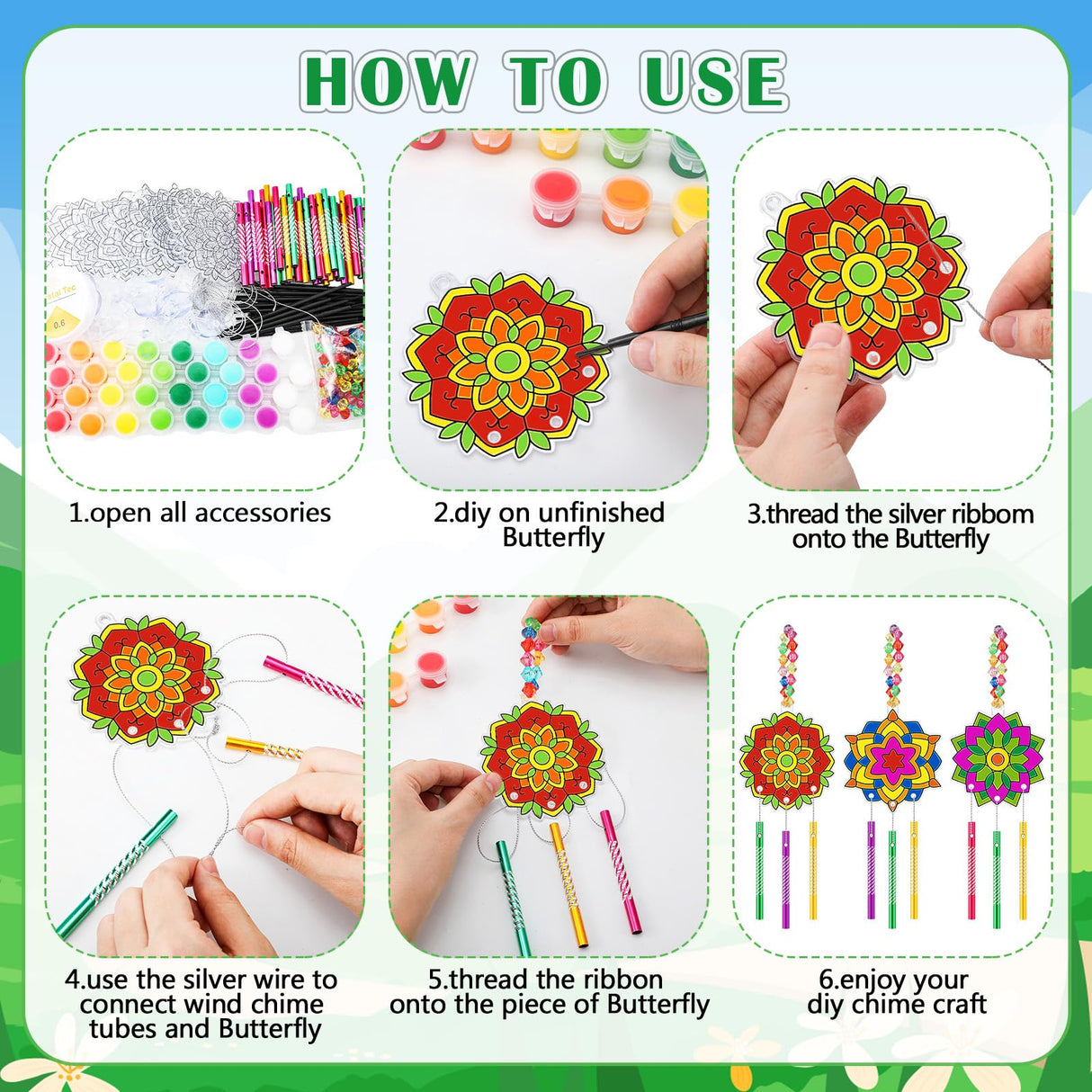 VioraWhite 24 Sets Mandala Suncatchers Wind Chimes Window Art Kits, DIY Summer Vbs Sun Catchers Wind Chimes Bulk Ornaments Painting Craft Kits for Boys Girls Home Party Activity Project Decor VioraWhite