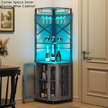 Aufvolr Corner Bar Cabinet with Power Outlet, 5-Tier Industrial Wine Cabinet with LED Strip and Glass Holder, LED Liquor Cabinet Bar Unit for Home, Corner Display Cabinet for Small Space, Grey