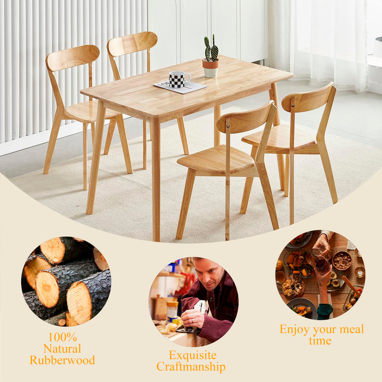 XHWECAN 5-Piece Wooden Dining Table and Chairs Set for 4, 47" Modern Solid Wood Table with 4 Louis Chairs for Dining Room, Kitchen, Small Space XHWECAN