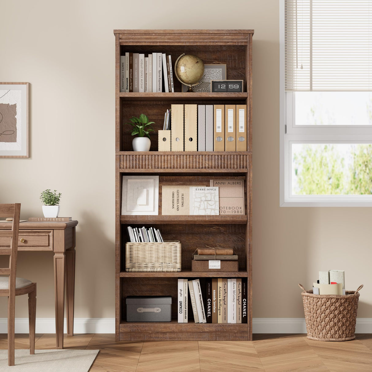 GarveeHome 71 in Farmhouse Bookcase w/Display Rack & Fluted Design, 5 Tier Tall Bookshelf with Wooden Base, Wood Bookshelf Vintage Book Shelf for Office Library (Brown, 71.5" H x 30.7" W x 11.9" D) GarveeHome