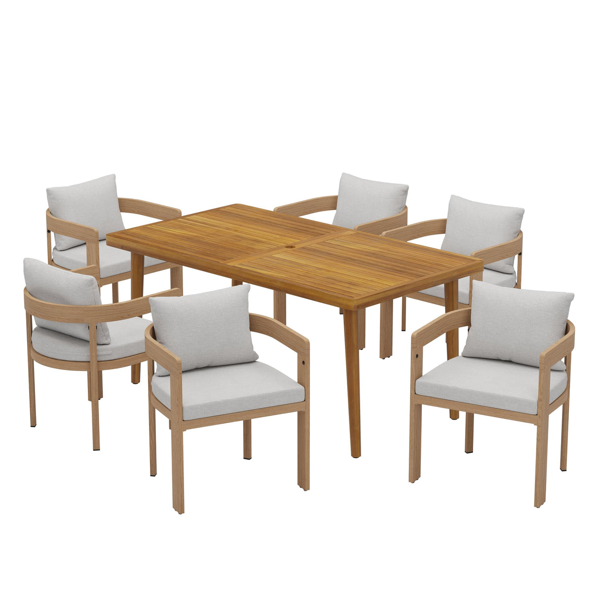 Christopher Knight Home Elko Acacia Wood Outdoor Dining Set for 6, Wooden 7 Piece Patio Dining Table Set, Outdoor Metal Dining Chair and Table Set with Cushion, Patio Furniture Set, Teak+Light Gray Christopher Knight Home