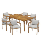 Christopher Knight Home Elko Acacia Wood Outdoor Dining Set for 6, Wooden 7 Piece Patio Dining Table Set, Outdoor Metal Dining Chair and Table Set with Cushion, Patio Furniture Set, Teak+Light Gray Christopher Knight Home