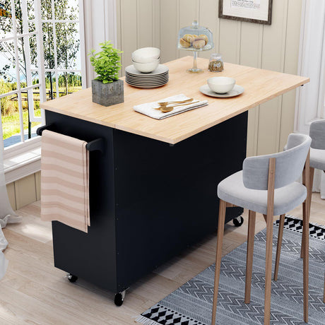 HLR Kitchen Island with Storage, Rolling Kitchen Island on Wheels with Drop-Leaf Bar Countertop, Island Table for Kitchen with Side Open Spice Rack and Tower Rack, Extra Storage for Kitchen HLR