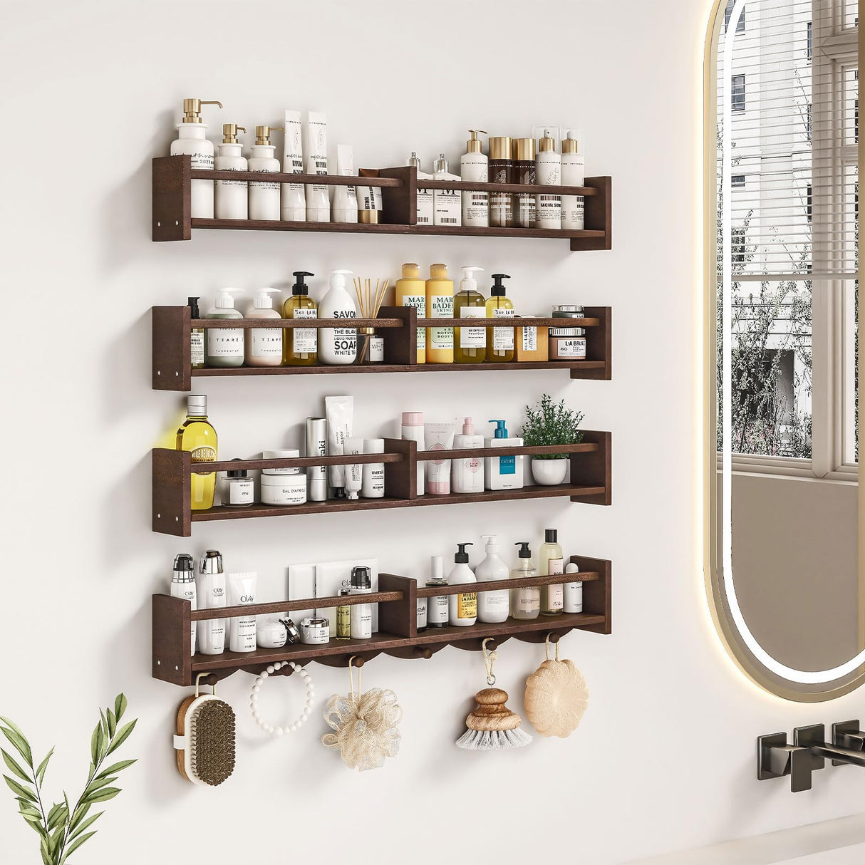 ECOOCE 34Inch Nursery Bookshelves,Set of 4,Wall Floating Shelf Kids Coat Rack with 6Hooks,Hanging Book Shelf for Baby Nursery Room Décor (Dark Brown, 34) ECOOCE