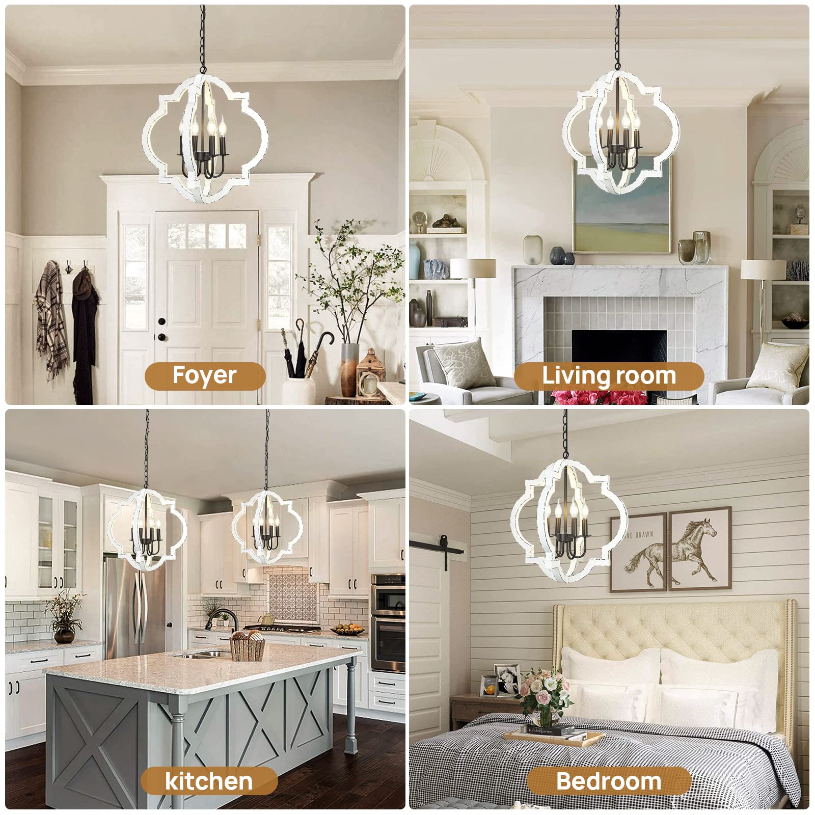 21.7" Farmhouse Wood Chandelier Light Fixture, 4-Light Handmade Distressed White Geometric Hanging Pendant Lighting for Dining Room, Kitchen Island, Entryway, stairwell (Colour: White) - WoodArtSupply