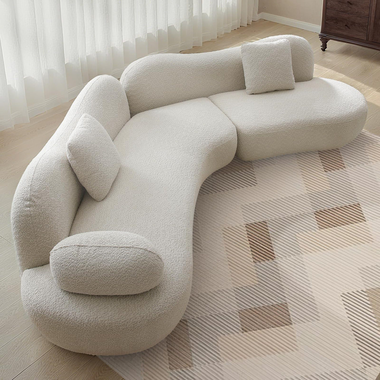 SSC SATISUNCASA 129" Luxury Modern Curved Sofa, Minimalist Comfy Boucle 5 Seater Couch, Crescent Shape Modular Sectional Sofa with Butterfly Backrest, for Living Room, Bedroom, Apartment Home, Beige SSC SATISUNCASA