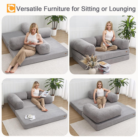 COMAX Folding Sofa Bed Queen, 4-in-1 Foldable Floor Couch Convertible Futon Sofa with Armrests Sleeper Mattress Chair Bed Comfy Portable Fold Out Lounge Guest for Living Room Bedroom, Light Grey COMAX