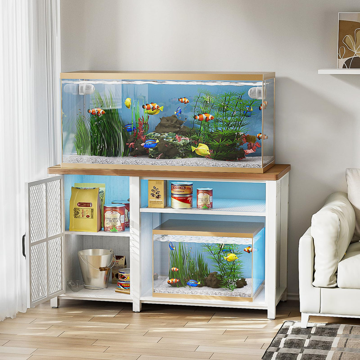 HAIOOU 55-75 Gallon Aquarium Stand with LED Light & Power Outlets, Cross Design Fish Tank Stand Heavy Duty Metal Frame Aquarium Table with Cabinet Storage, Fit for Turtle Tank, 880LBS Loads - White HAIOOU