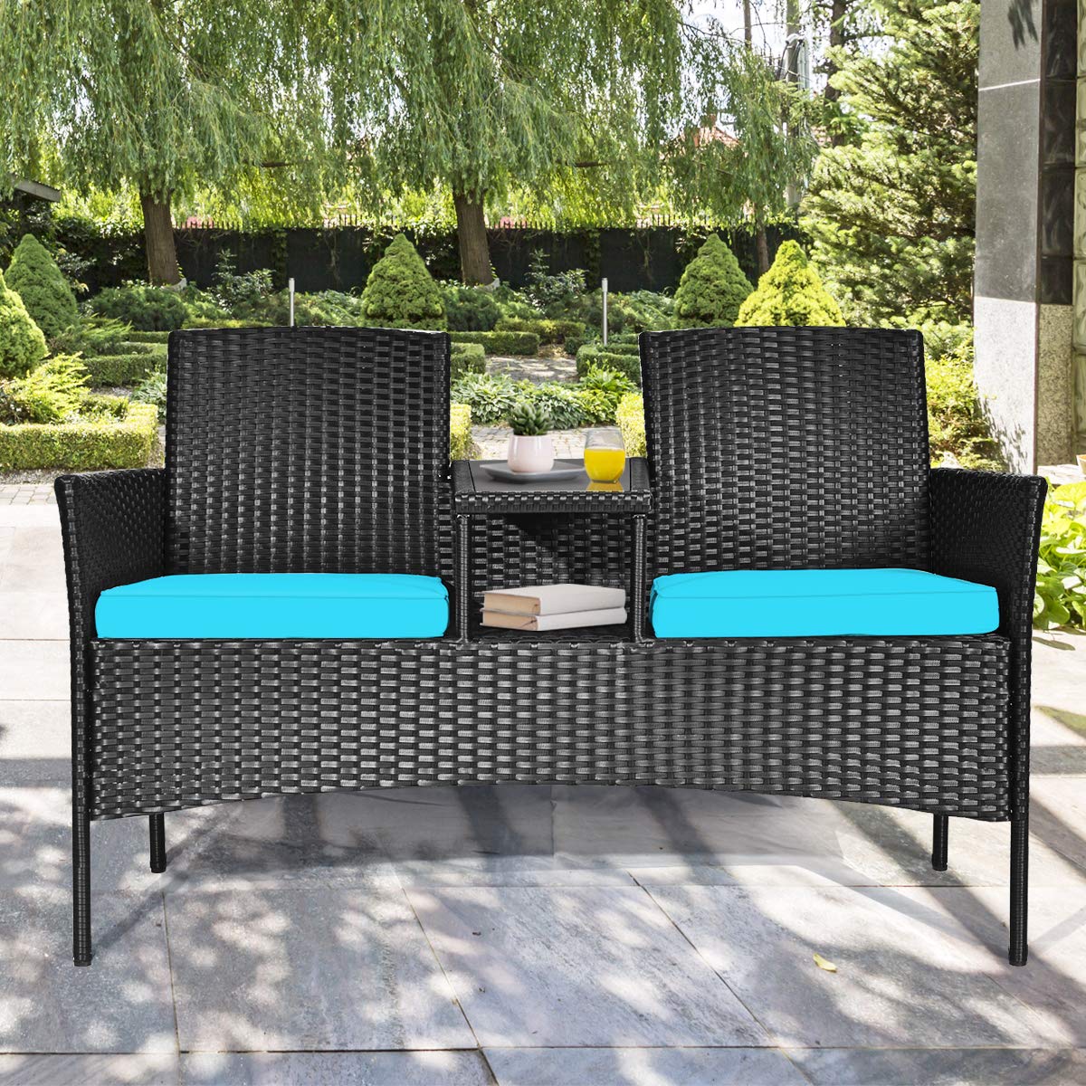 Tangkula Wicker Patio Conversation Furniture Set, Outdoor Furniture Set with Removable Cushions & Table, Tempered Glass Top, Modern Rattan Bench for Garden Lawn Backyard Tangkula