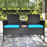 Tangkula Wicker Patio Conversation Furniture Set, Outdoor Furniture Set with Removable Cushions & Table, Tempered Glass Top, Modern Rattan Bench for Garden Lawn Backyard Tangkula