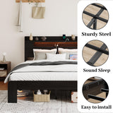 SAMTRA Wooden King Size Bed Frame with Storage Headboard, Farmhouse Platform Bedframe with Charging Station & Led Lights, Sturdy Wood Slat Framework, Easy Assembly (Rustic Black, King) SAMTRA