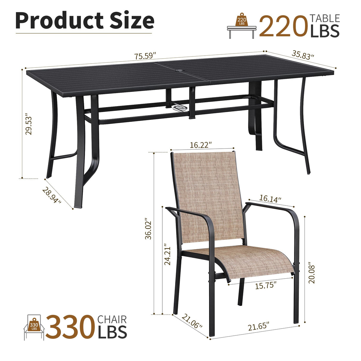 BUPPLEE 9-Piece Outdoor Patio Dining Set with 8 Stackable Chairs, Rectangular Metal Table with Umbrella Hole, 8-Person Patio Table and Chairs for Backyard, Poolside, Balcony and Garden Brown BUPPLEE